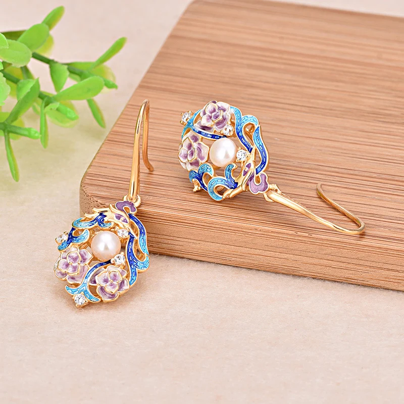 

Cloisonne gilding craft enamel pearl colorful butterfly Earrings Hooks for making jewelry accessories 46*18mm 1pair