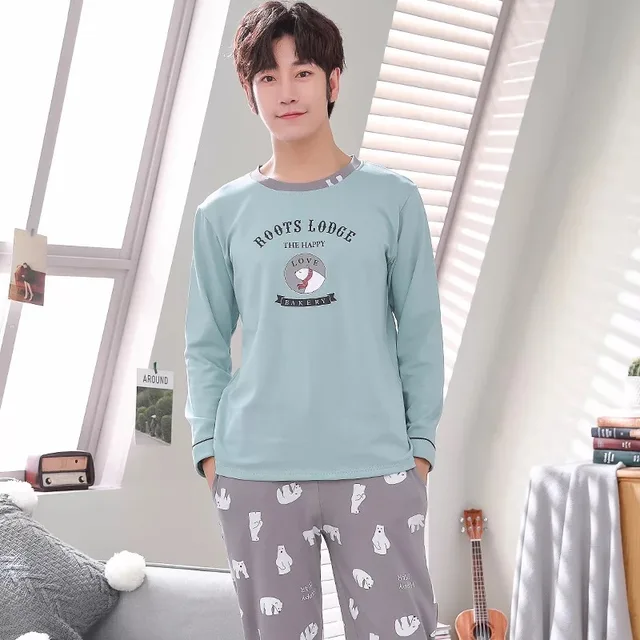2019 Winter New Korean Style Men's Pajamas Set Long Sleeve Cotton ...