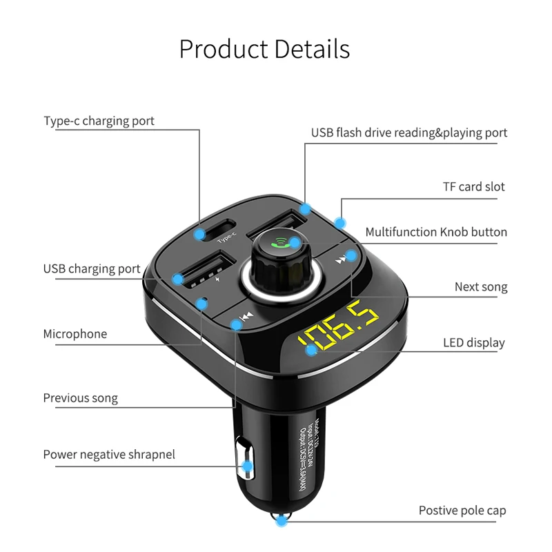 KORSEED Bluetooth Handsfree Kit type-C USB Автомобильное зарядное устройство fm-передатчик радио TF карта музыкальный Mp3 плеер беспроводной автомобильный комплект Hands-free