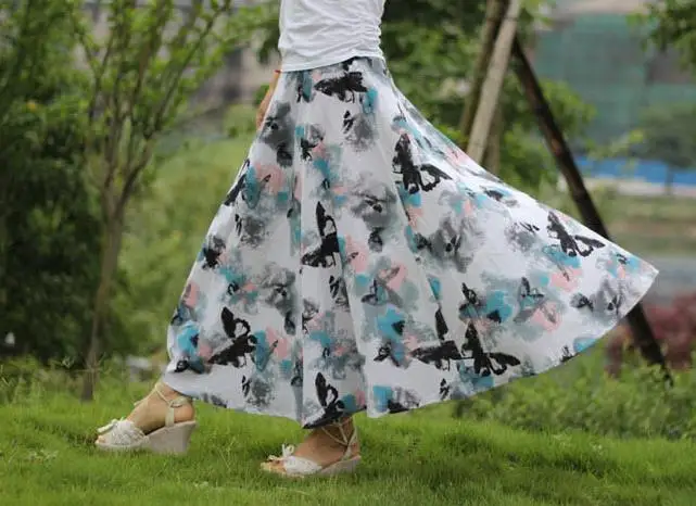 Женская льняная юбка Свободная длинная юбка богемная юбка с цветочным принтом карамельный цвет