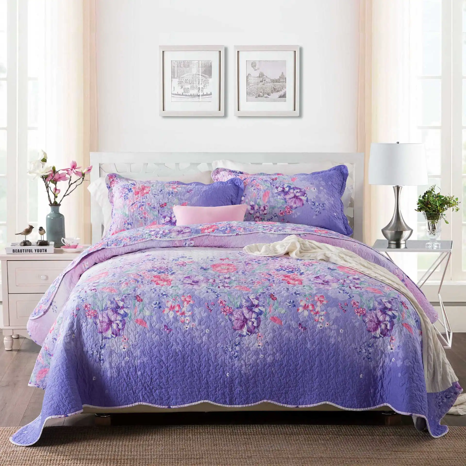 

Purple Flower cotton Quilting Quilts 3pcs Sets Summer Printed American Pastoral Embroidery Bedspread BedCover Twill COVERLET