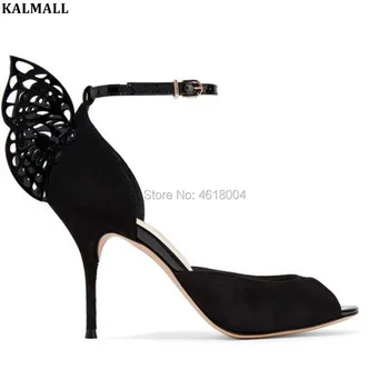 

KALMALL Black Butterfly Wings Sandals Gladiator High Heels Lady Ankle Strap Peep Toe Stilettos Party Dress Sandals Zapatos Mujer