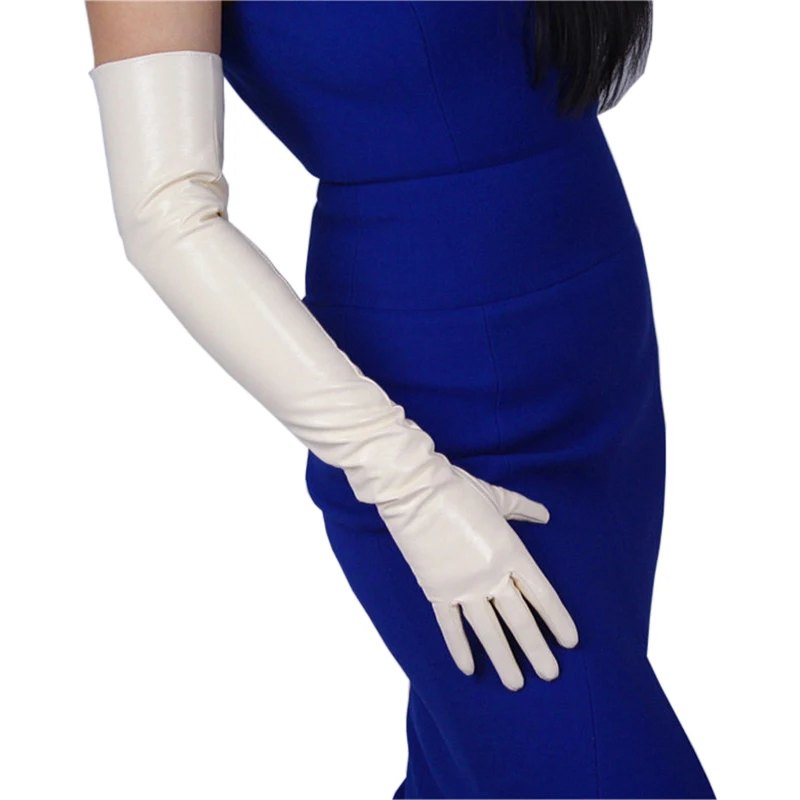 Fashionable Beige Patent Leather Woman's Gloves Over Elbow PU Imitation Genuine Leather 60cm Female Gloves Bright Leather P42-2