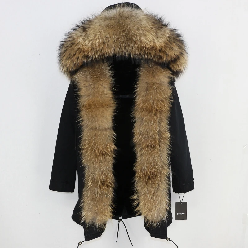 OFTBUY длинная парка, пальто из натурального меха енота, зимняя куртка для женщин, уличная верхняя одежда, Толстая Теплая Повседневная куртка с большим меховым воротником - Цвет: black natural