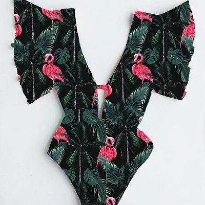 Sexy Deep V Ruffled One Piece Swimsuit Hot Design Women One Piece Swimwear Flamingo Print Backless Bathing Suits Beach Wear - Цвет: green