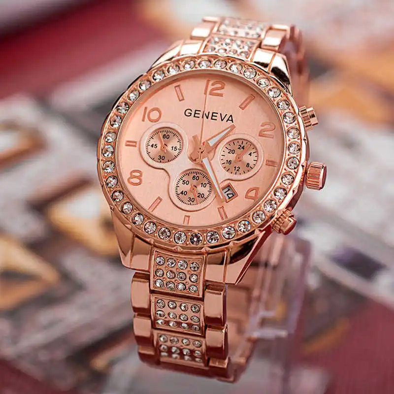 Geneva, женские шикарные модные кварцевые наручные часы из нержавеющей стали с кристаллами, повседневные женские часы, женские часы, Montre Femme - Цвет: Rose Gold