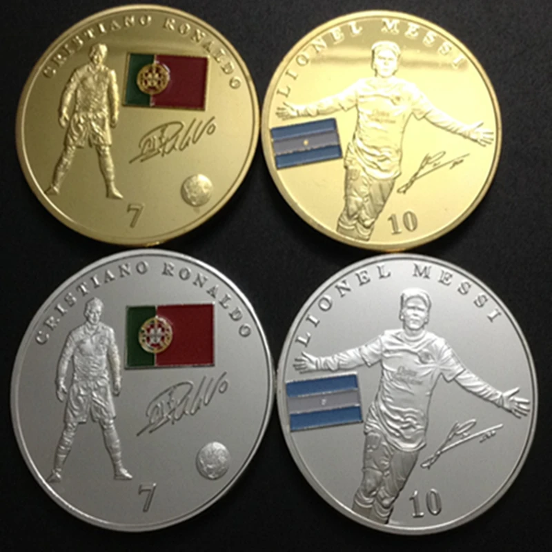 

4 pcs Barcelona Football World Cup Super Stars Footballer Cristiano Ronaldo Lionel Messi Coin Gold Silver Plated Souvenir Coin.