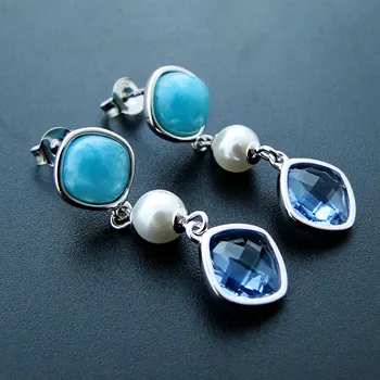 

Real Natural Larimar Earring Fine Jewelry Dangle Earring 925 Sterling Silver Topaz Jewelry Long Drop Earrings for Women Earring