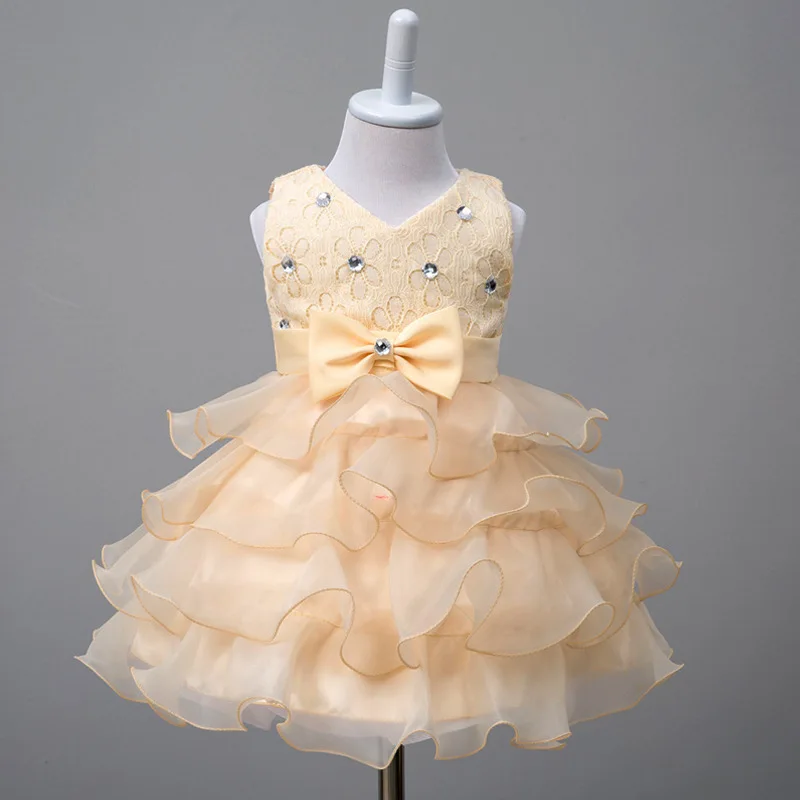 

Pink Flower Girl Dresses Sweet Crystal Bow Tiered Design Princess Ball Gown 1 Year Baby Birthday Dress 1st Communion Dresses