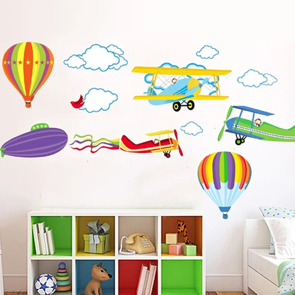 Cartoon Airplane And Hot Air Balloons Wall Stickers For Kids Rooms Home