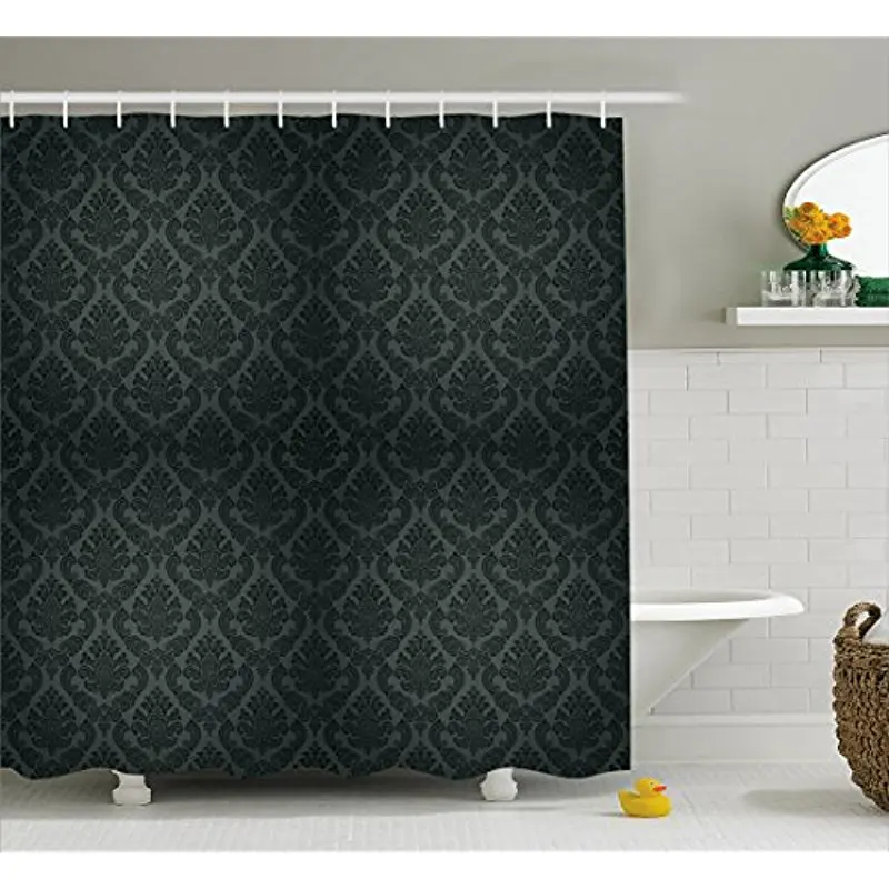 Vixm Dark Grey Shower Curtain Ancient Damask Motifs Victorian Vintage