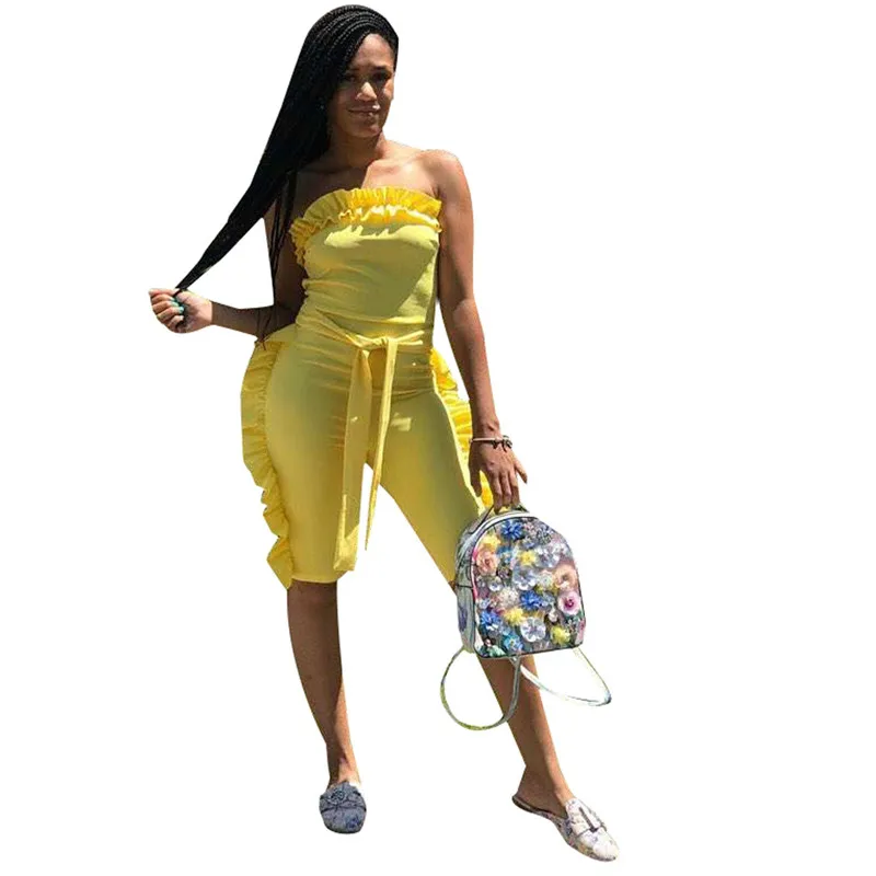 

Strapless Ruffle Jumpsuit Short Playsuit Women Summer Overalls Sleeveless Front Tie Up Off The Shoulder Bodysuit Yellow Jumpsuit