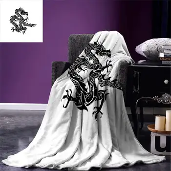 

Japanese Dragon Throw Blanket Cultural Zodiac Icon Monochrome Graphic Style Eastern Dragon Claws Scales Warm Microfiber Blanket