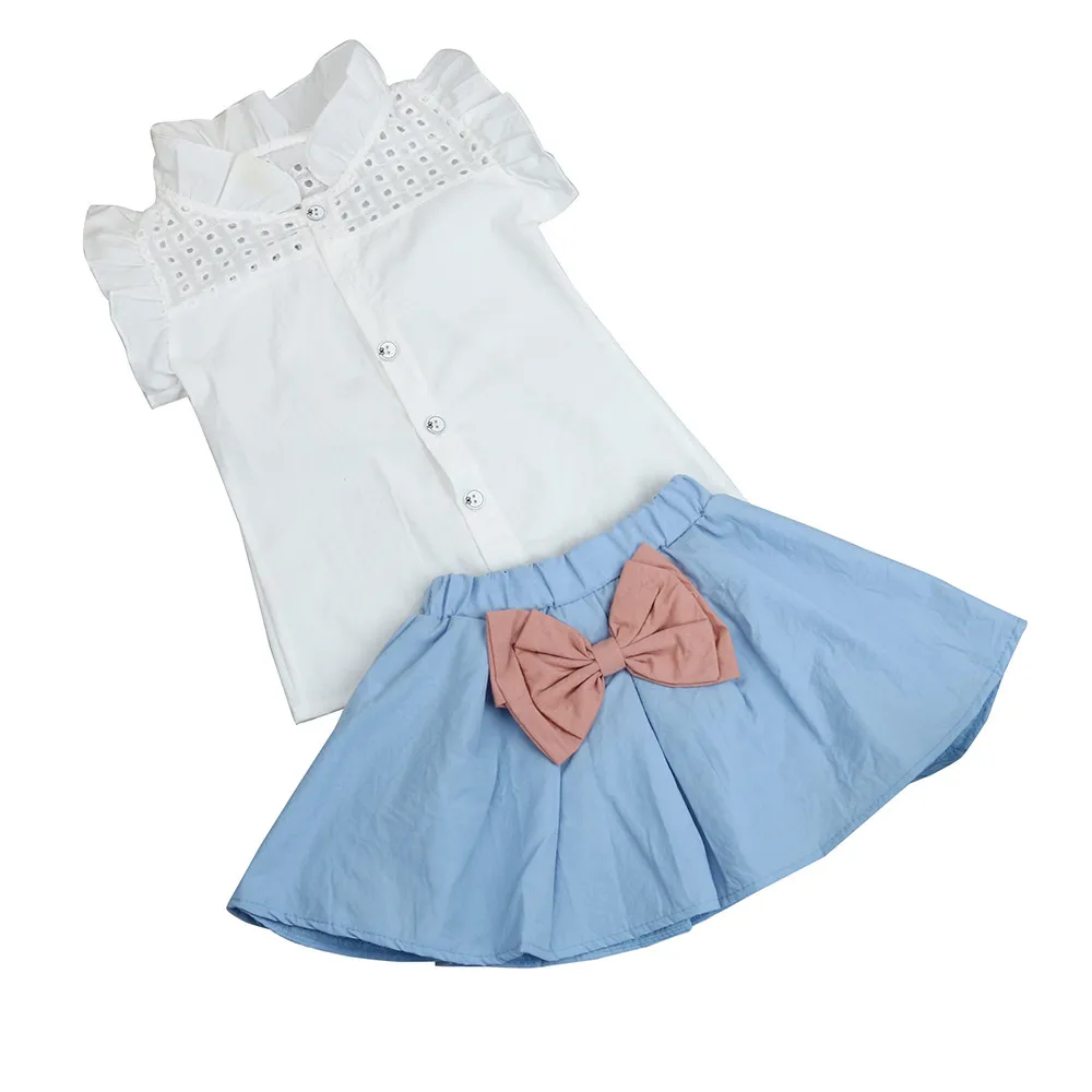 Ажурная кружевная эластичная юбка с короткими рукавами и бантом комплект одежды из 2 предметов для маленьких девочек футболка+ короткая юбка с бантом F4