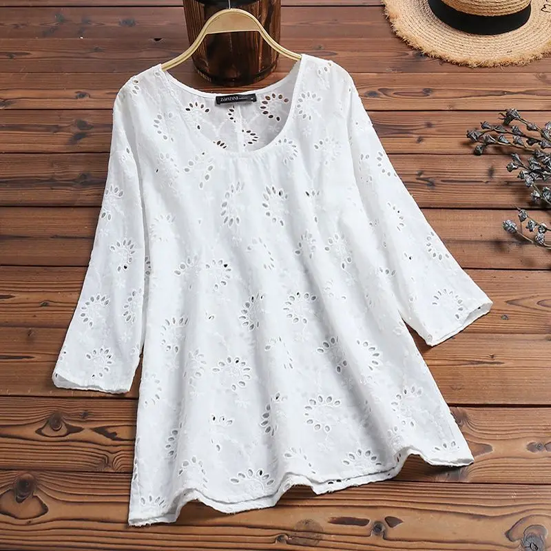ZANZEA Summer Embroidery Shirt Women Elegant V Neck 3/4 Sleeve Cotton Linen Tops Party Casual Blusas Vintage Work OL Blouse - Цвет: Белый