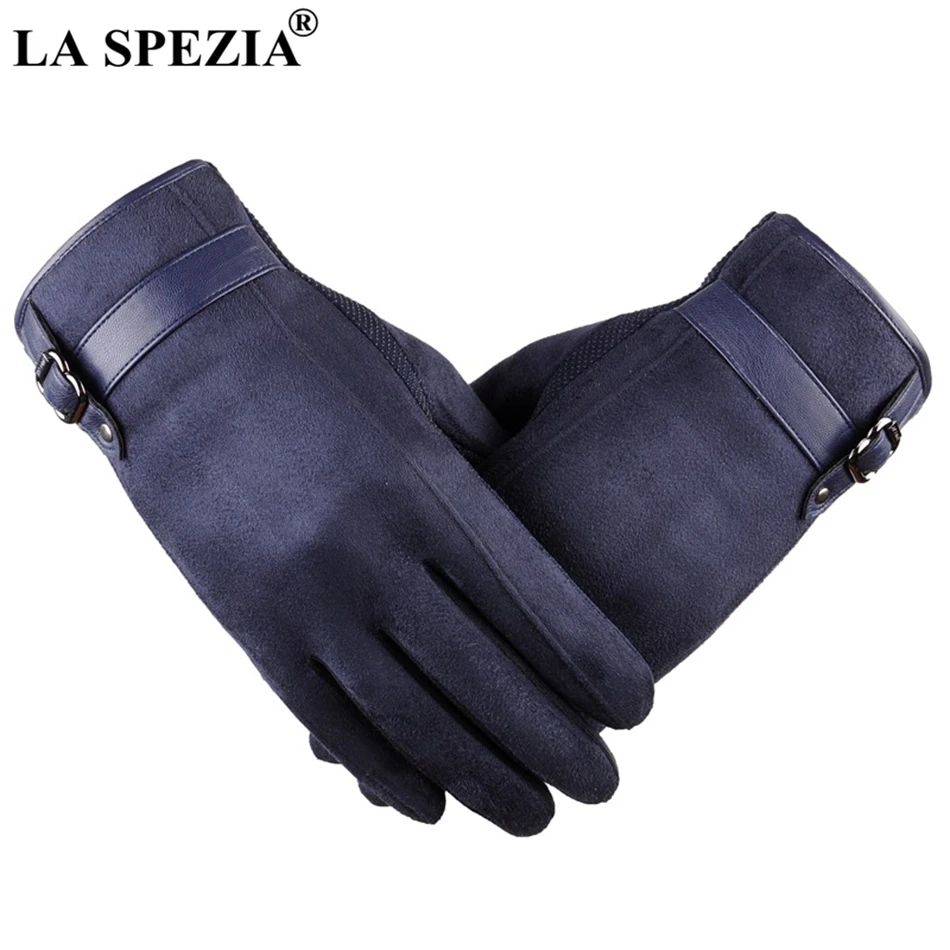 LA SPEZIA Mens Suede Gloves Touch Screen Male Navy Blue Velvet Gloves Thermal Solid Patchwork Leather Autumn Winter Mittens Men