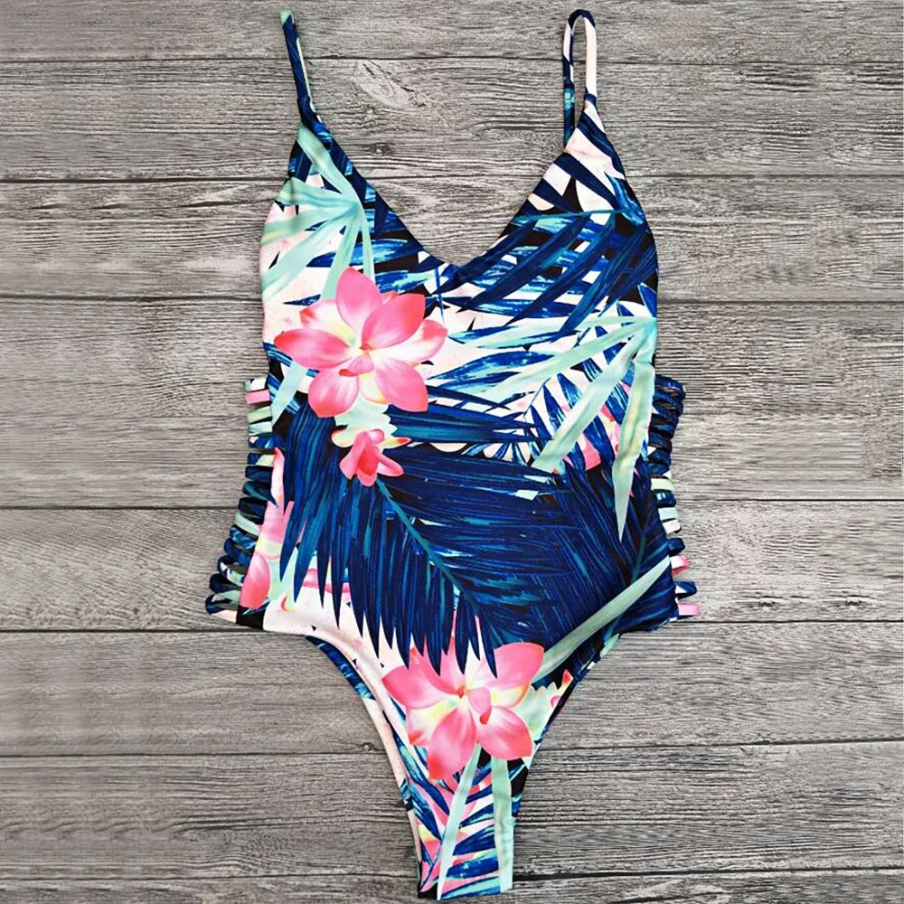 Spaghetti Strap Swimwear Padded Wire Free Floral Print Cut Out Backless