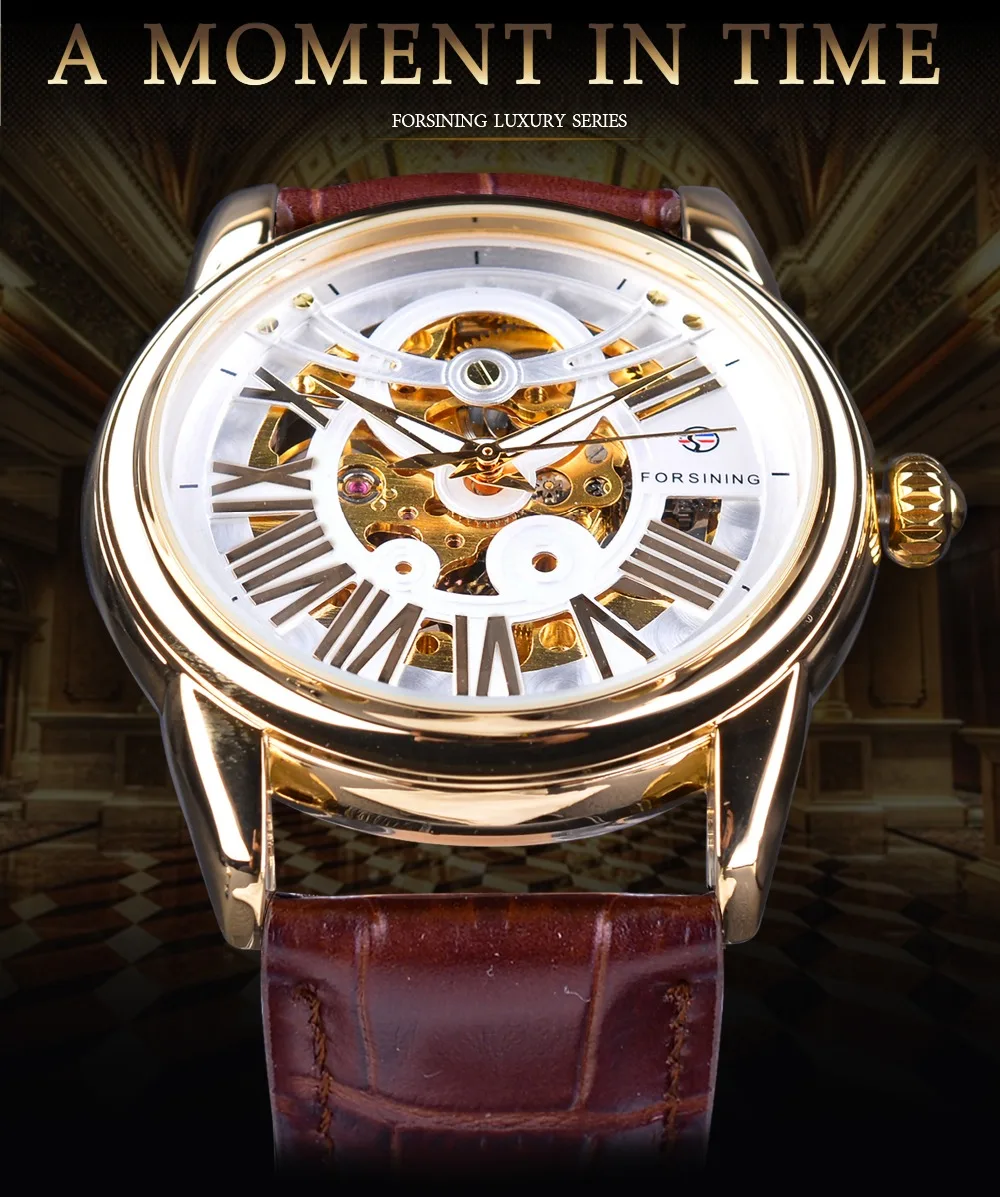 Forsining официальный эксклюзивная распродажа коричневый кожаный РОМАН НОМЕР ретро Роскошные Дизайн Для мужчин часы лучший бренд