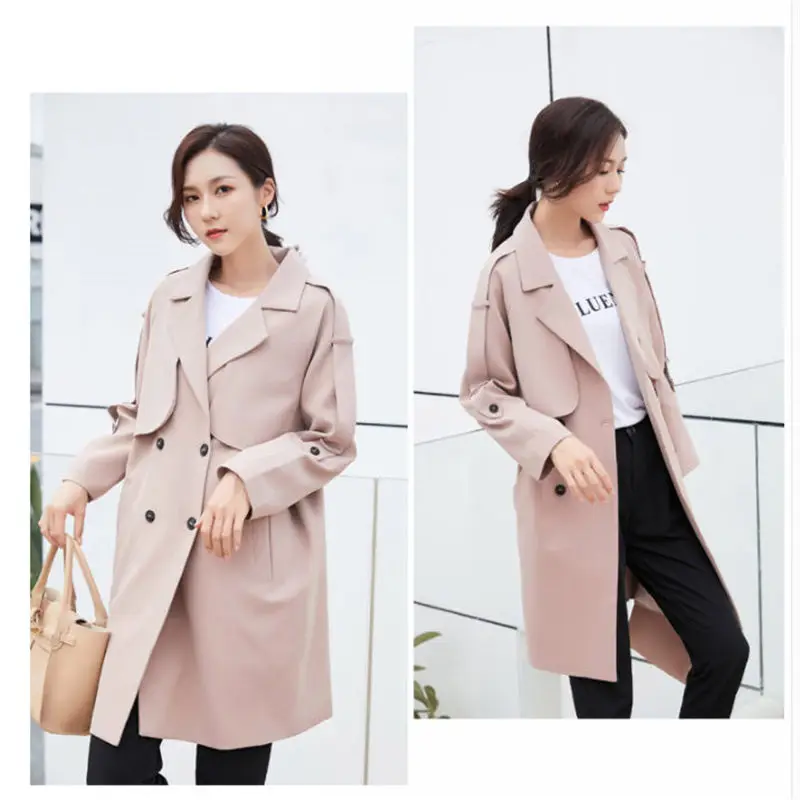 2020 Autumn New Loose Suit Windbreaker Fashion Double-breasted Simple Solid Spring Long Long-sleeved Jacket Plus Size Coat f873 | Женская