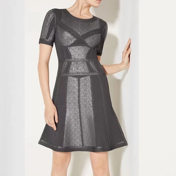

New Elegant Dark Grey Short Sleeve Celebrity 2018 Fashion O Neck Patchwork Bandage Dress Sexy Autumn Sexy Women Vestidos Club