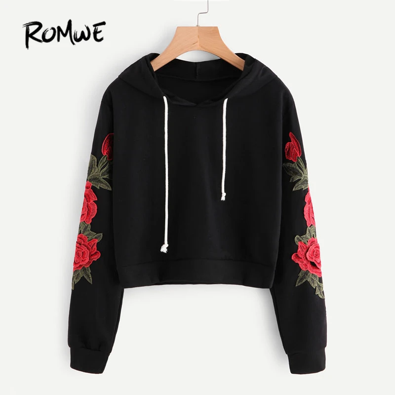 

ROMWE Embroidered Rose Applique Sleeve Hoodie Autumn Long Sleeve Casual Pullovers Women Black Sweatshirt