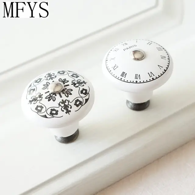 Black White Ceramic Clock Flower Dresser Knobs Handles Decorative