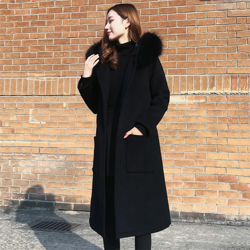 Черное шерстяное пальто, зимняя женская куртка, новая мода, с меховым воротником, с капюшоном, верхняя одежда, средней длины, тонкое женское пальто DT0474
