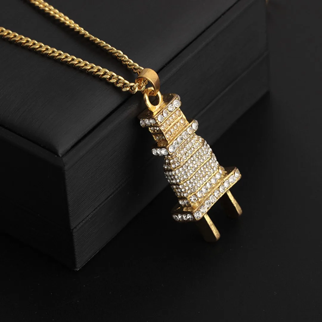 Shellhard Silver Gold Plug Shape Pendant Necklace Men Women Hip Hop Charm Chain collares Iced Out Crystal Jewelry
