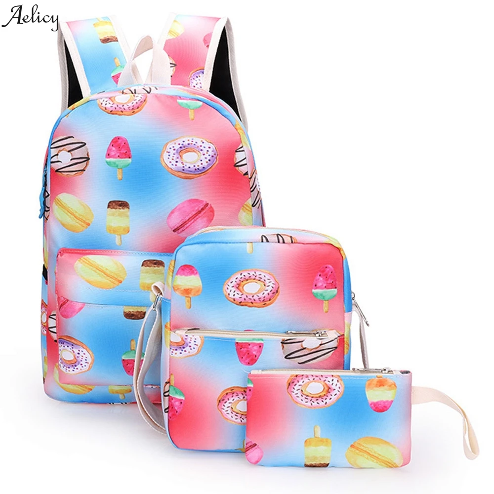 

New Zipper Patchwork High Quality Mini 3Pcs Fashion Girl Student Pattern Canvas School Backpacks+Crossbody Bag+Pen Bag 2019