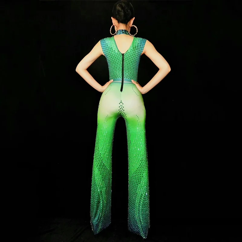 Сексуальные Зеленые Zentai Стразы брюки с широкими штанинами костюм для танцев