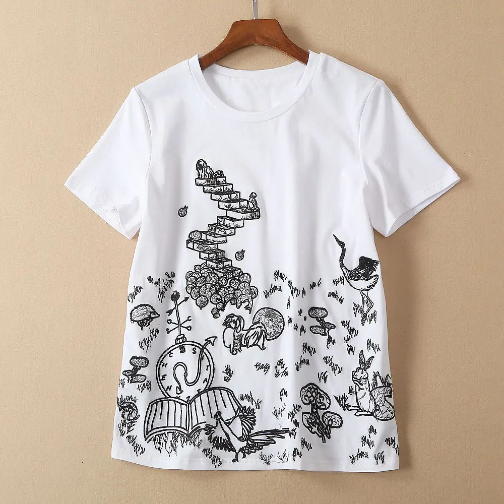 

Red RoosaRosee 2019 Hot Women Summer White T-shirt Designer Runway Black Thread Embroidery Crystals Cotton Tshirt Tops T Shirt