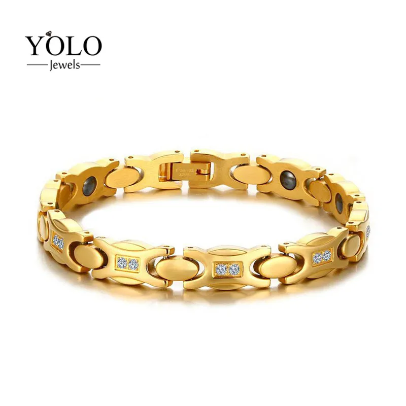 

Men's Stainless Steel Magnetic Golden Bracelet with Zircon Couple Bracelet Never-oxidize Hypo-allergenic Love Gift for Boyfriend