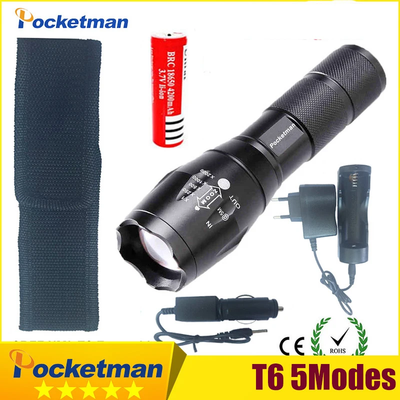 

XML-T6 3000lm Adjustable Led Flashlight Led Torch Car Charger+Battery Charger+18650 Rechargeable Battery + Holster zk10
