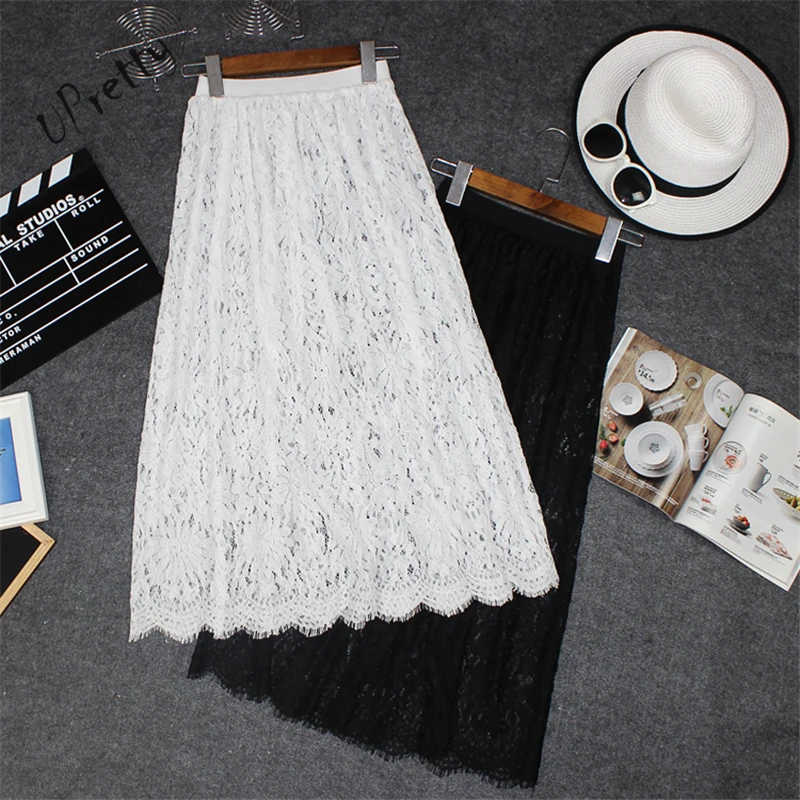 

ladies high waisted a line skirts women sexy Boho vintage party see through black white lace skirt spring summer skirt 2018