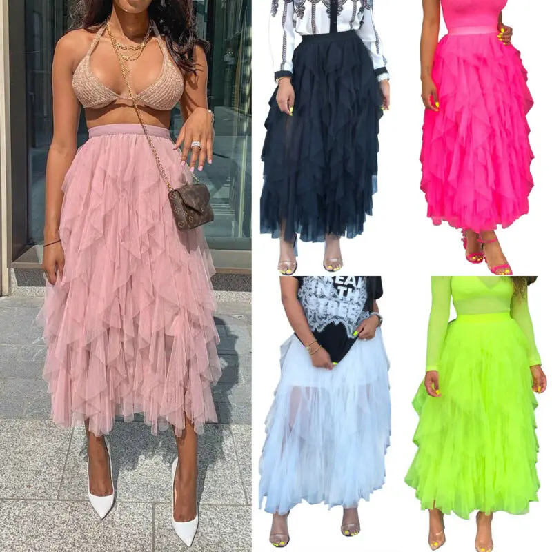 2019 Женская эластичная сетчатая юбка в сетку с высокой талией, Новая Модная элегантная юбка-пачка из тюля, длинная Однотонная юбка