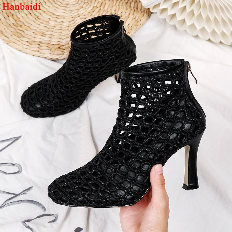 Hanbaidi Black White Real Leather Mesh Ankle Boots Woman Round Toe ...