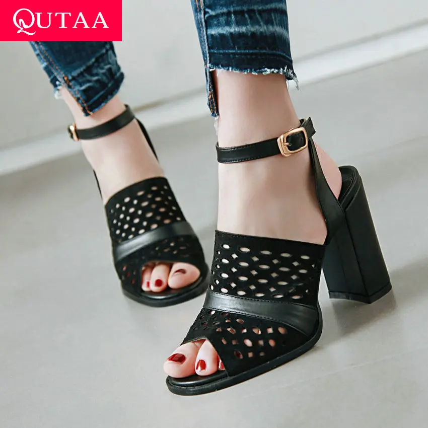 

QUTAA 2019 Women Sandals Hollow Roman Peep Toe Square High Heels Slingback Buckle Retro Punk Gladiator Pumps Summer Size34-42