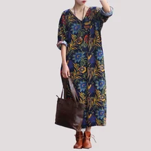 Для женщин летнее платье длинное платье Лен Винтаж платье макси платье vestidos Femme принт Повседневные платья больших размеров