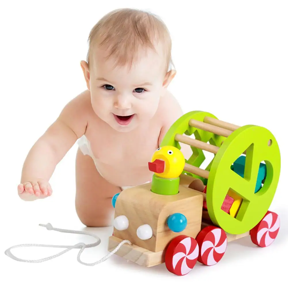 

Cute Wooden Duckling Pull Along Cart Wheels Block Building Educational Kids Toy