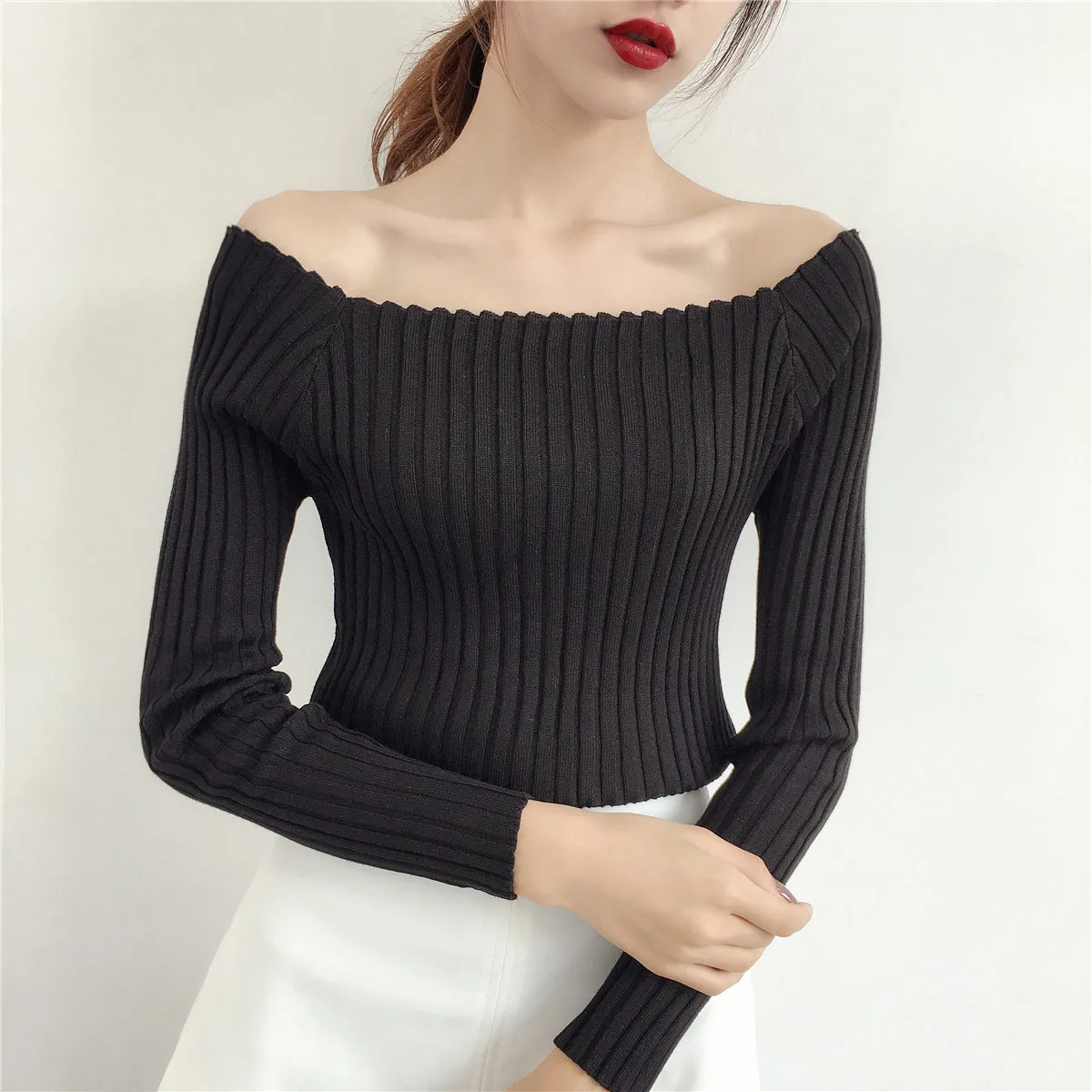 2017 Autumn and Winter Basic Women Sweater slit neckline Strapless Sweater thickening Sweater 