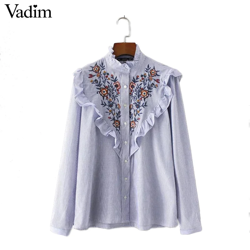 Women vintage floral embroidery ruffled neck striped shirts elegant ...