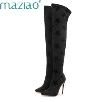 

Female Shoe Pointed Toe Short Plush Super High Heel Party Thigh High Boots Over The Knee Boots MAZIAO