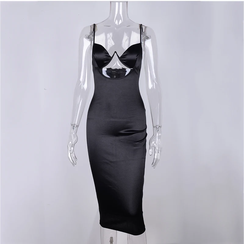 Женское летнее сатиновое длинное платье NewAsia на косточках, элегантное женское платье средней длины, вечерние сексуальные платья бодикон черного цвета