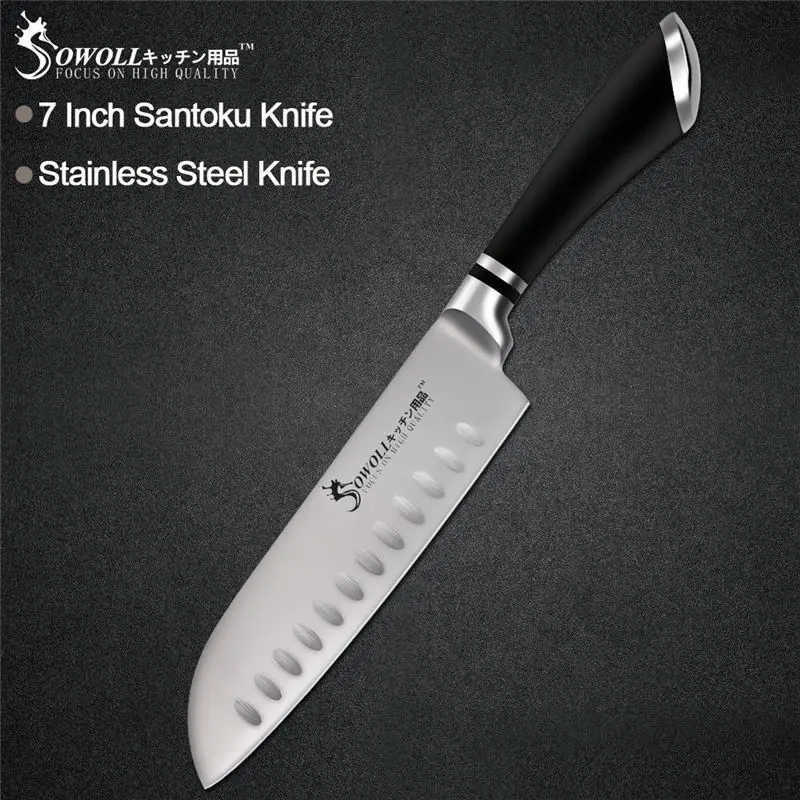 Sowoll кухонный нож Santoku из нержавеющей стали, 7 дюймов, абс + черная ручка из нержавеющей стали, нож для суши, мяса, рыбы, сашими, фруктовые инструменты|Кухонные ножи| | АлиЭкспресс