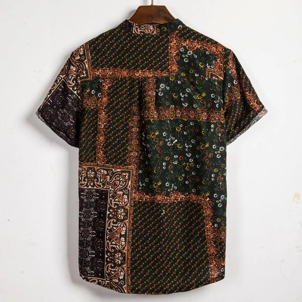 Летняя мужская рубашка camisa этническая с коротким рукавом Повседневная хлопковая льняной с принтом гавайская рубашка блузка Мужская Уличная chemise homme Новинка