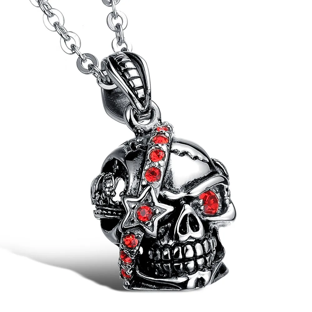 Punk necklace men jewelry skull pendants necklaces red crystal vintage