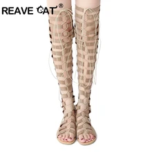 REAVE CAT/Брендовые женские летние сапоги выше колена; сандалии-гладиаторы с перекрестной шнуровкой на молнии; ажурные балетки секси из флока; Новинка года; маленькие размеры; A352
