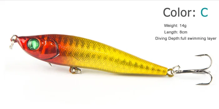 8 см 14 г жесткая приманка для рыбалки карандаш Реалистичные 3D глаза 6# крючки тонущие пластиковые приманки кренкбейт 5 цветов