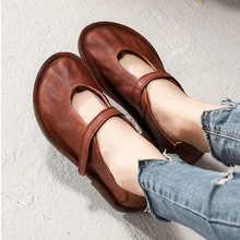 Винтаж обувь на плоской подошве круглый носок Модные из натуральной кожи мягкая подошвы одиночные ботинки, крючок, петля мать обувь Женская обувь