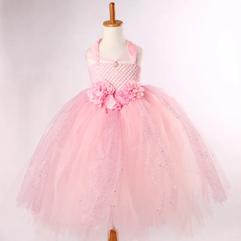 Розовое платье-пачка с цветочным рисунком для девочек блестящее платье подружки невесты на свадьбу с v-образным вырезом детское праздничное платье принцессы, От 2 до 10 лет - Цвет: light pink